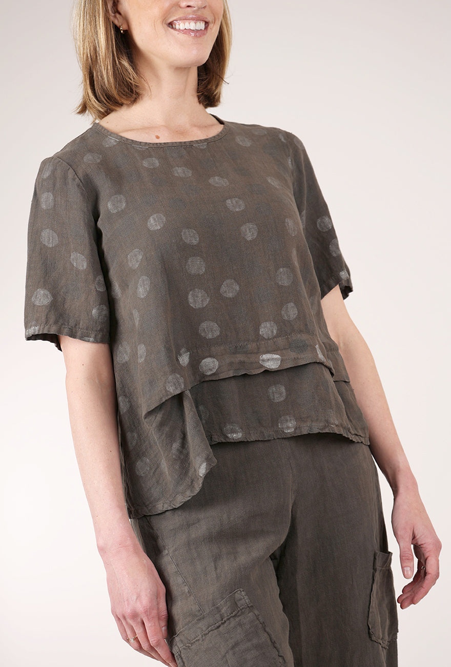 Fenini Linen Pleat Dot Top, Moss 