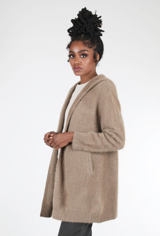 Estheme Cashmere Hooded Open Raccoon Cardie, Taupe 