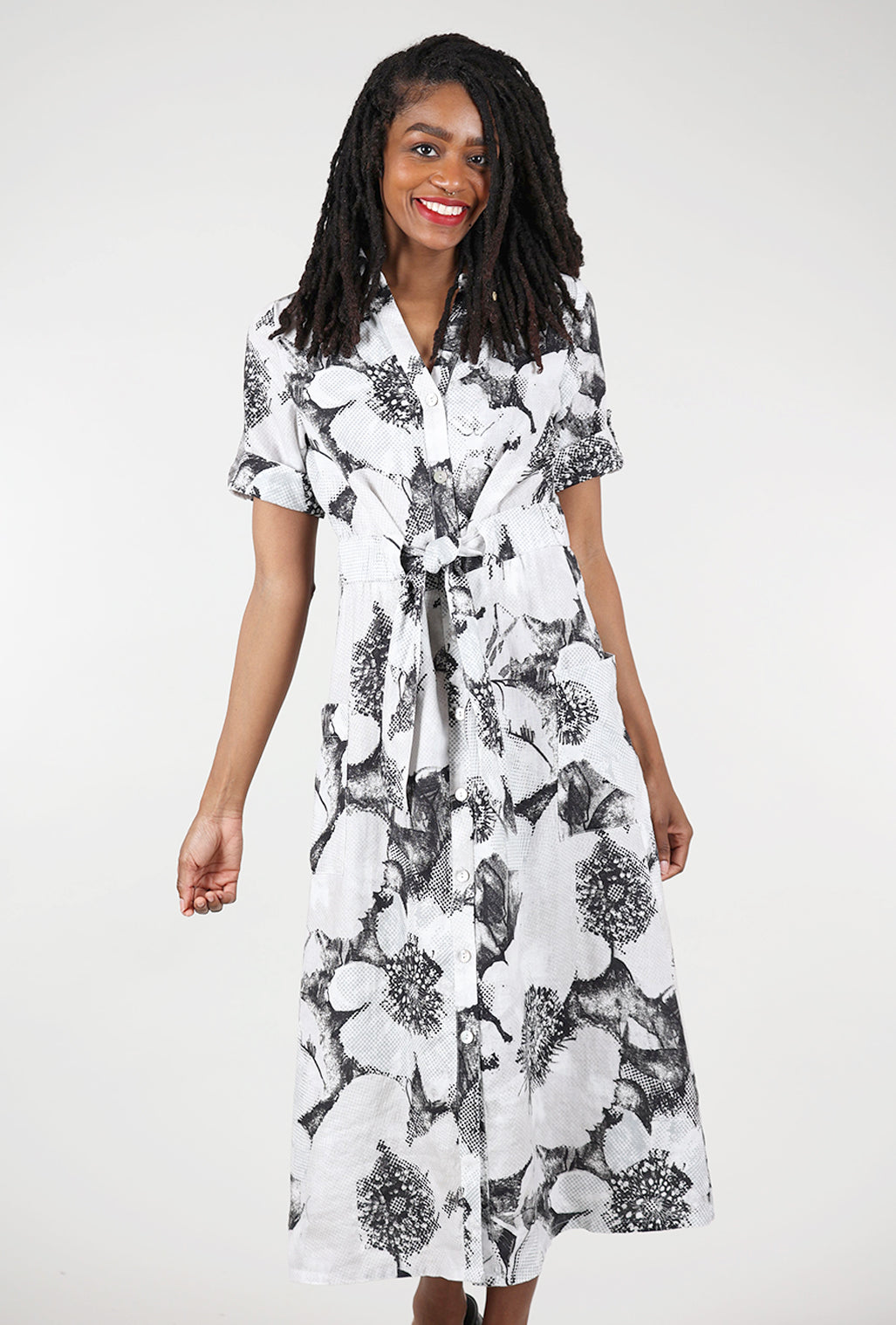 Liv Linen Floral Shirtdress, Gray 