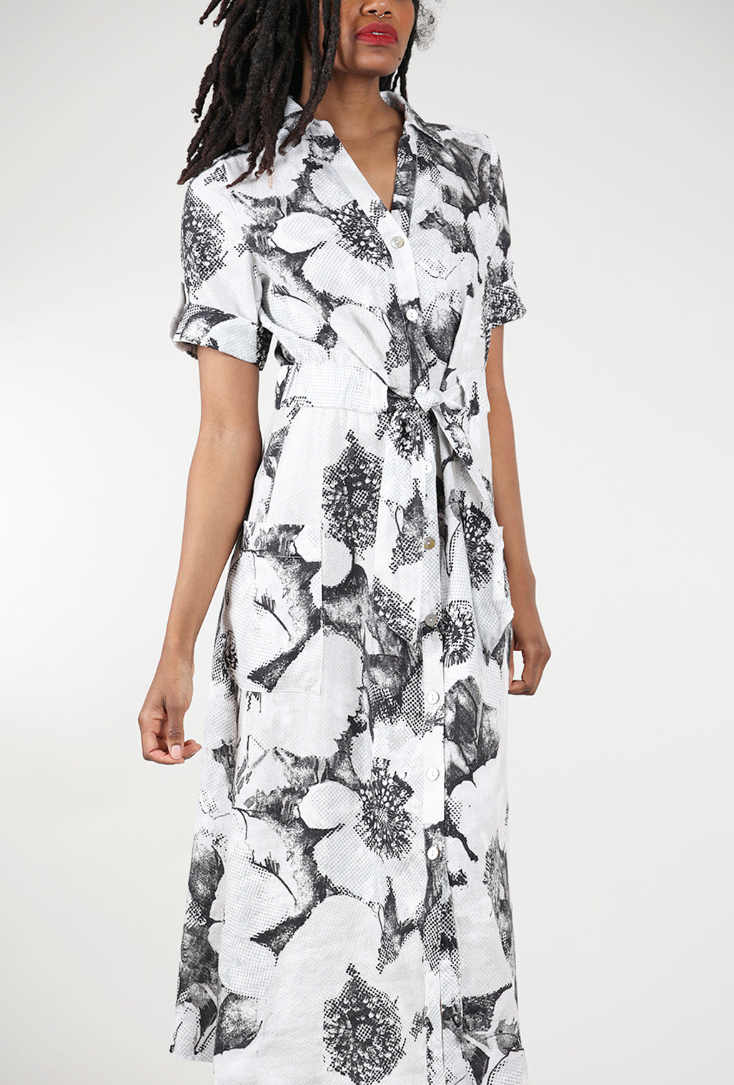 Liv Linen Floral Shirtdress, Gray 