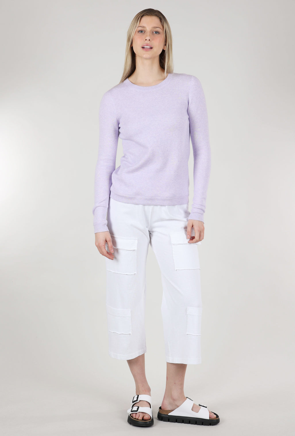 Kinross Cashmere Reversible Crew, Lavender/White 