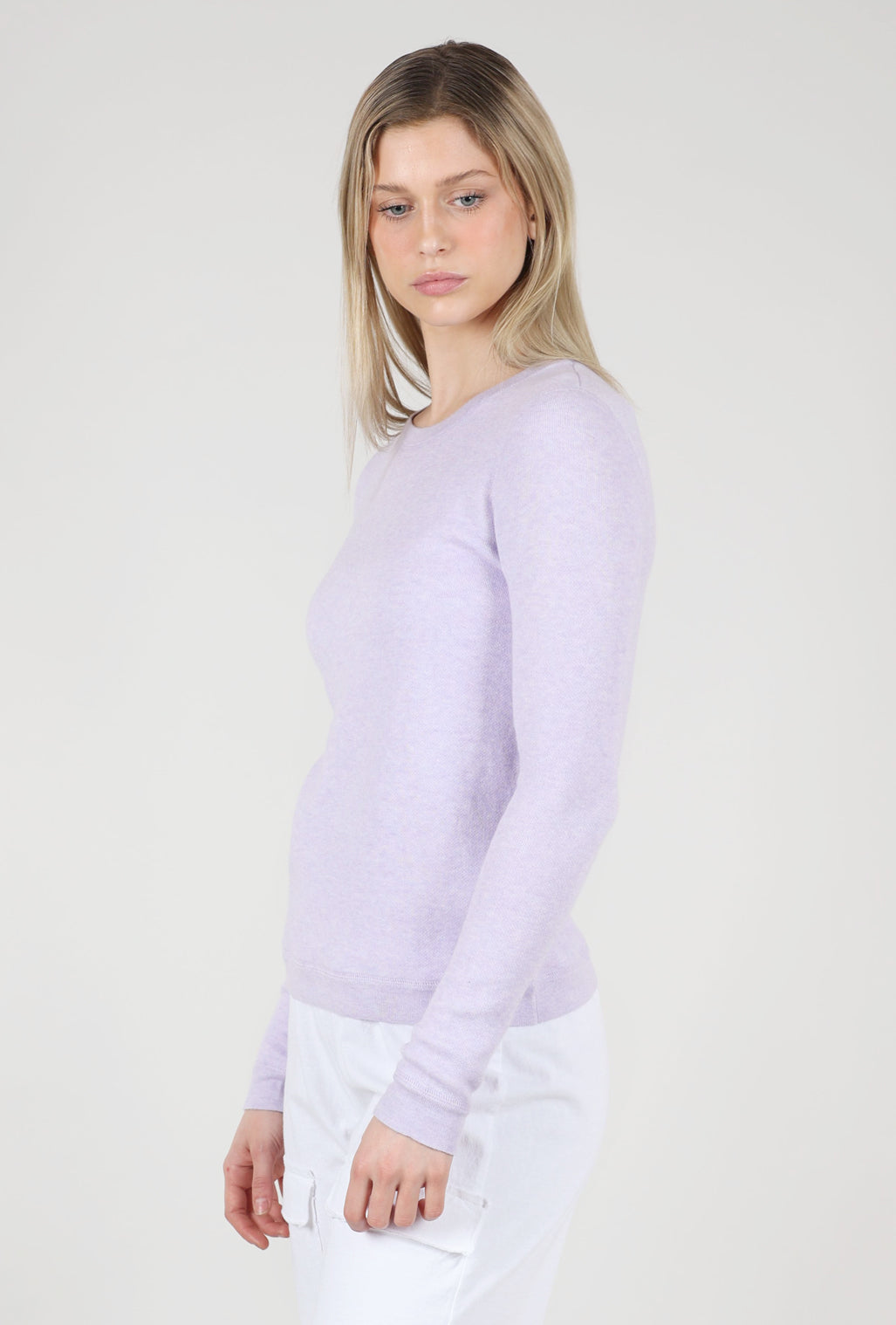 Kinross Cashmere Reversible Crew, Lavender/White 