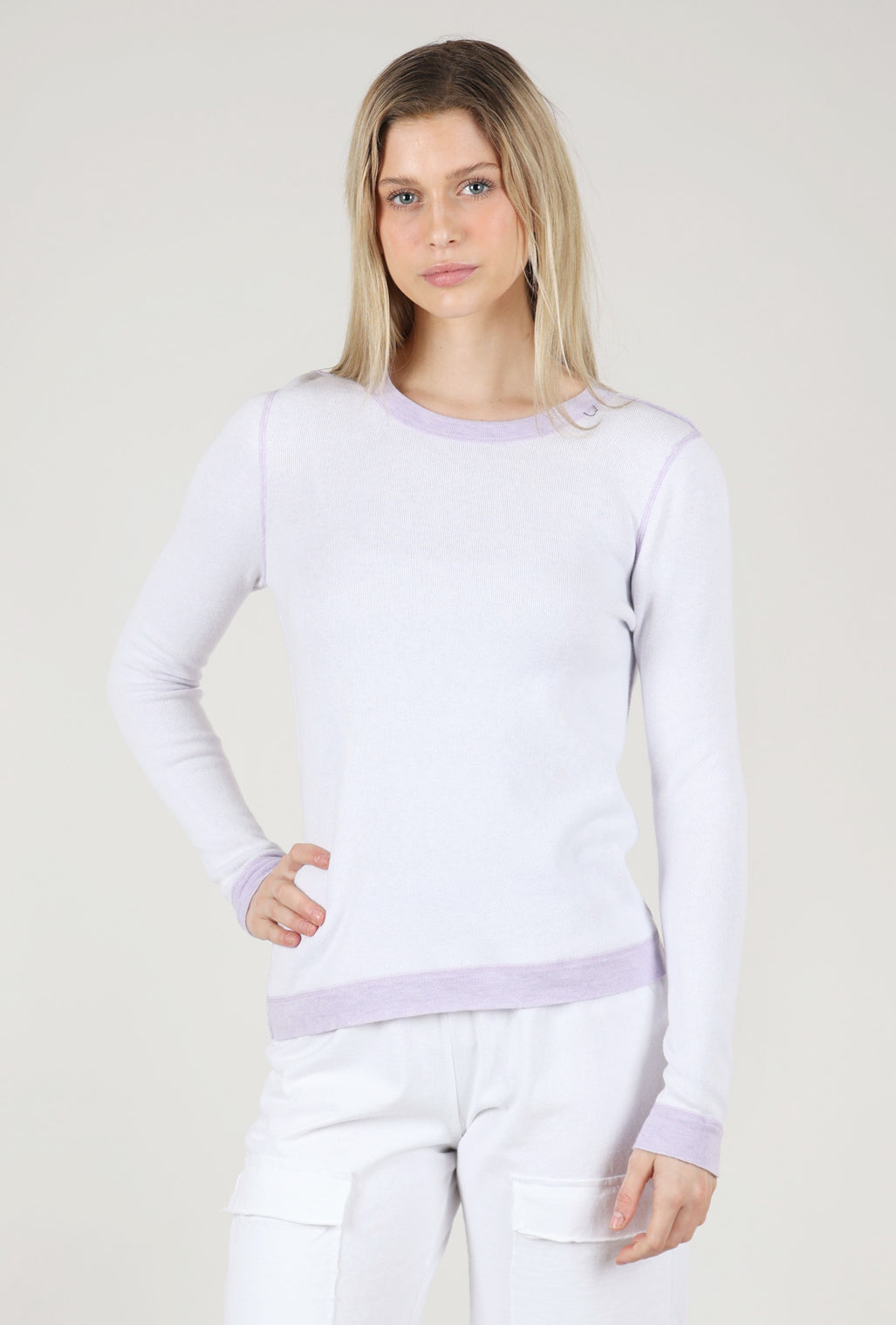 Kinross Cashmere Reversible Crew, Lavender/White 