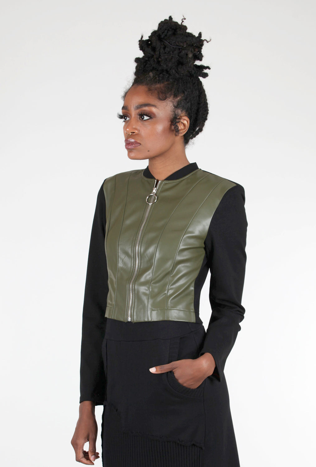 Patrizia Luca Faux Leather Zip Jacket, Olive/Black 