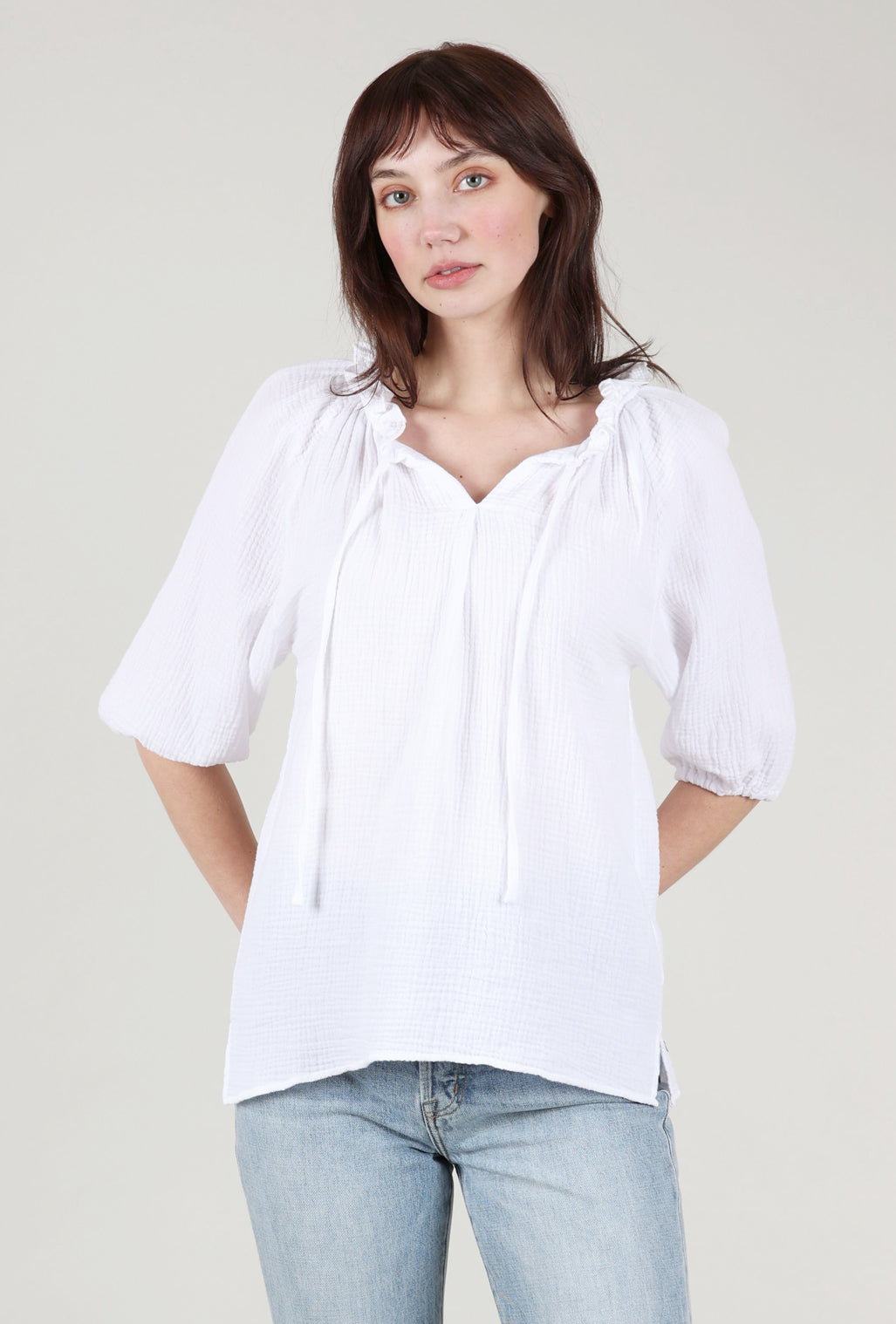 Pure Amici Cotton Gauze Peasant Top, White 