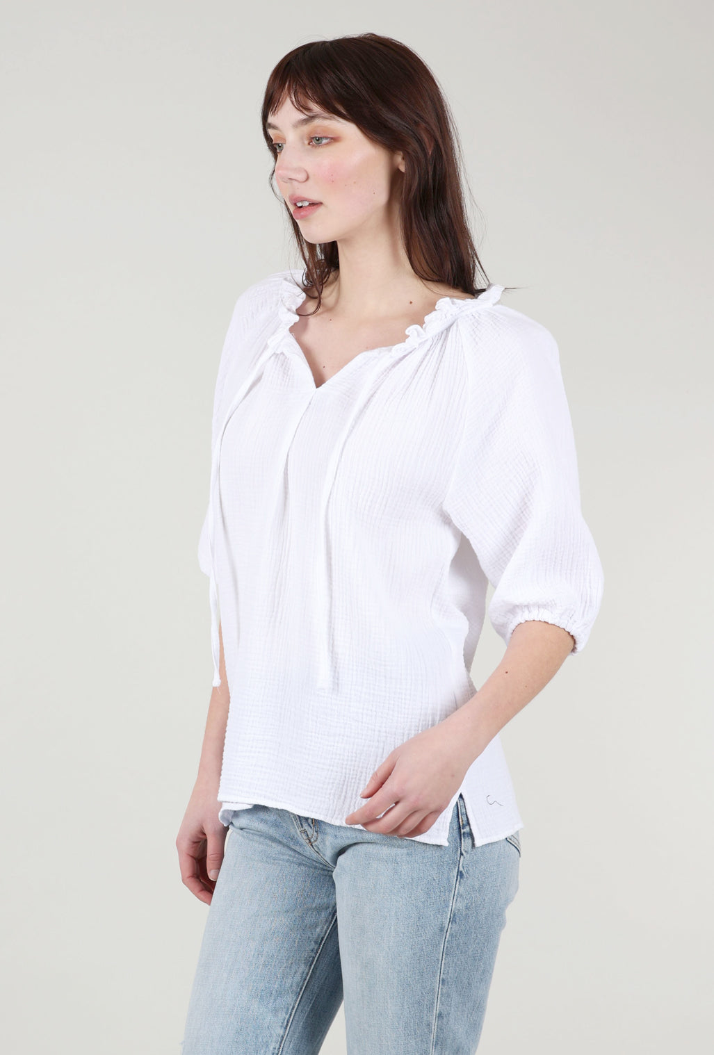 Pure Amici Cotton Gauze Peasant Top, White 