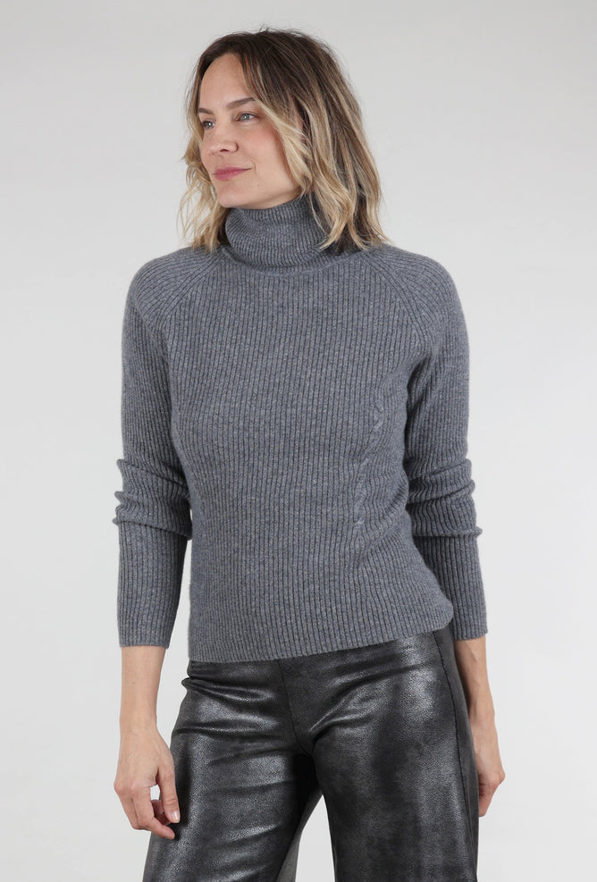 Estheme Cashmere Cashmere Ribbed Details Tneck, Mistral Gray 