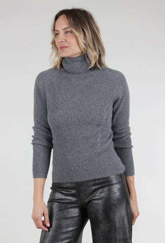 Estheme Cashmere Cashmere Ribbed Details Tneck, Mistral Gray 