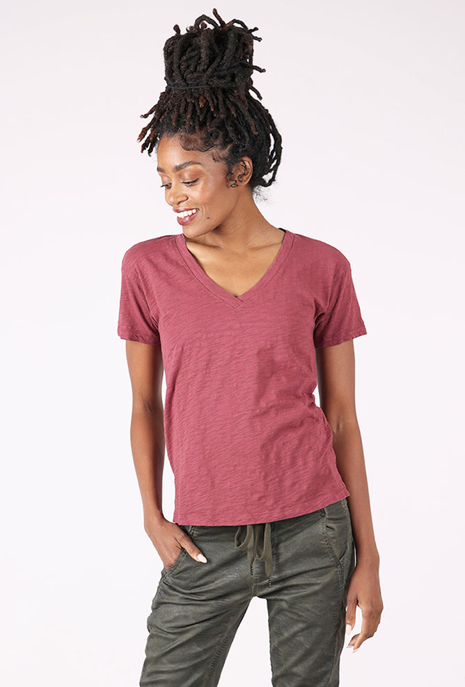 S/S V Neck Boxy Tee, Zinfandel
