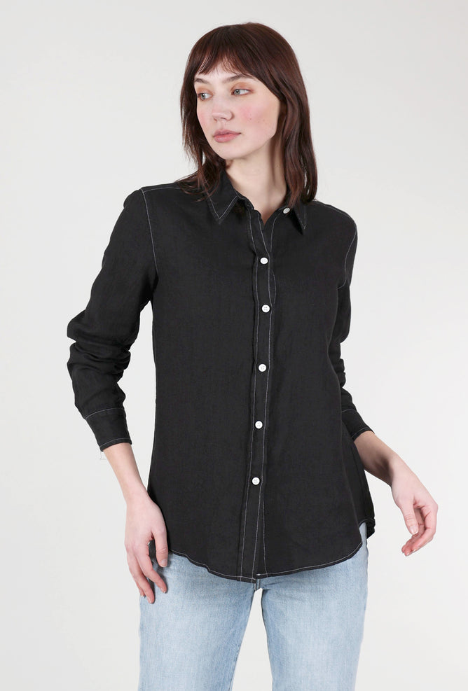 Pure Amici Topstitch Linen Shirt, Black 