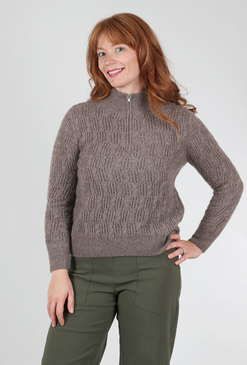 Kokun Pointelle Half-Zip Sweater, Hazelnut 