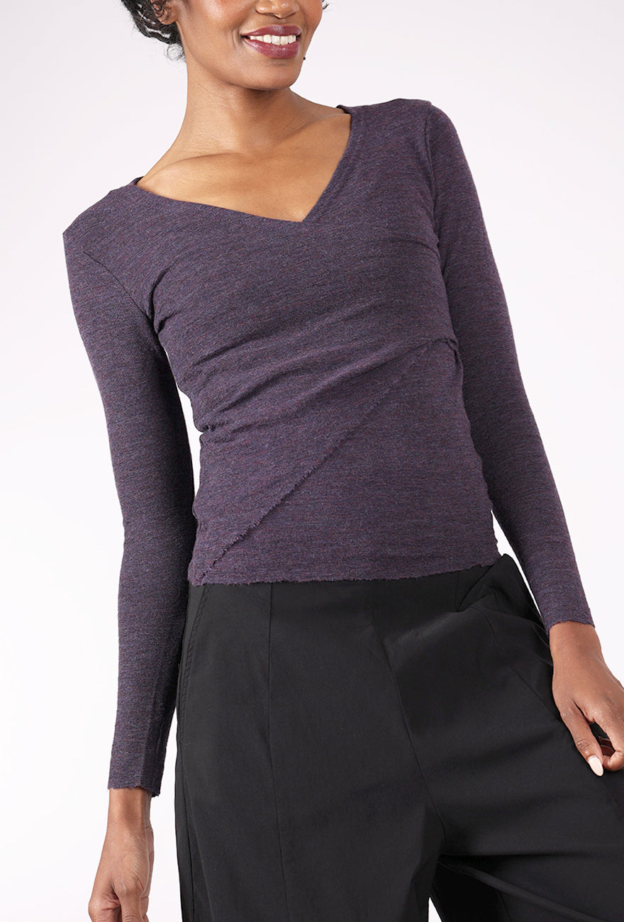 By Basics Surplice Wrap Merino Sweater, Plum Melange 