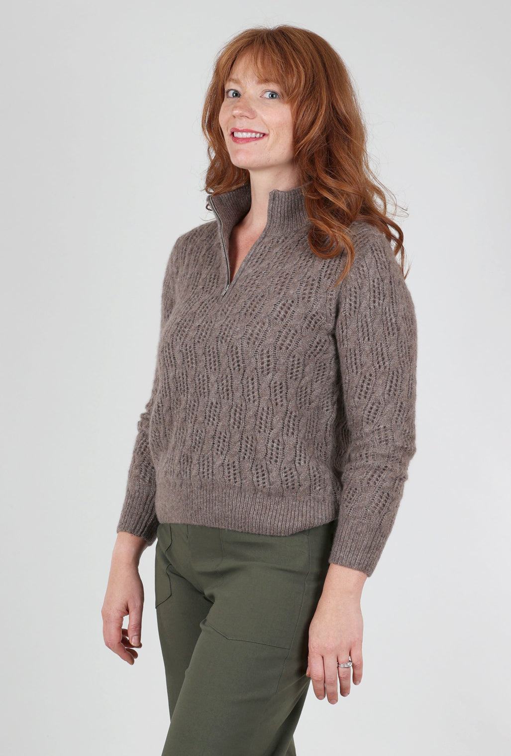 Kokun Pointelle Half-Zip Sweater, Hazelnut 