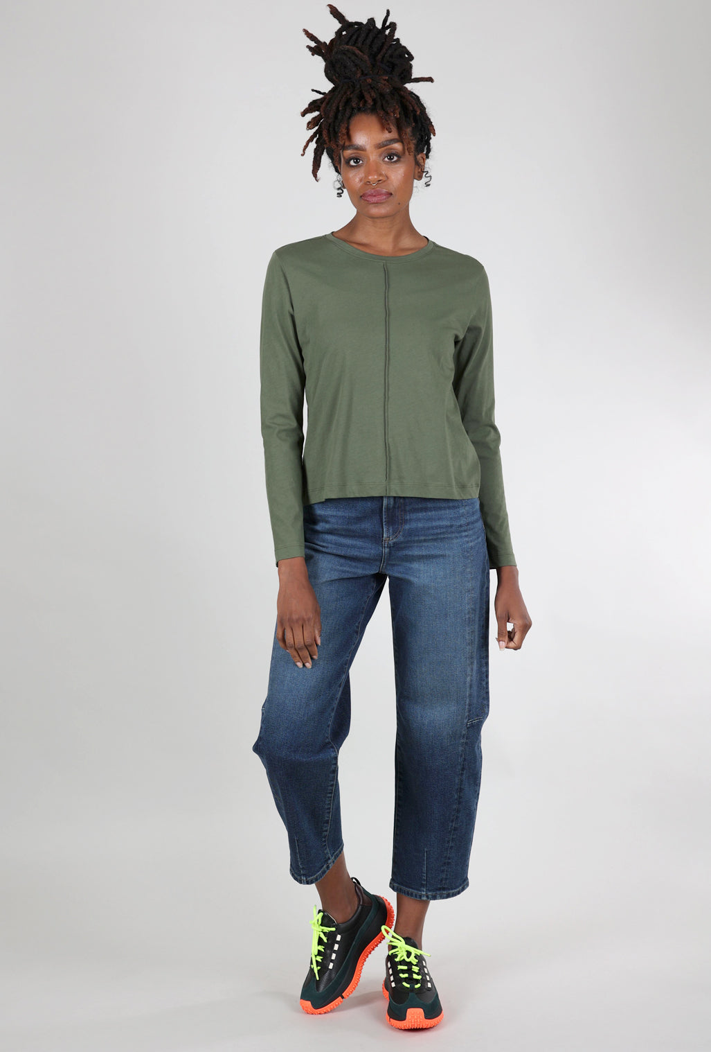 Lilla P Front-Seam Long-Sleeve Tee, Elm Green 