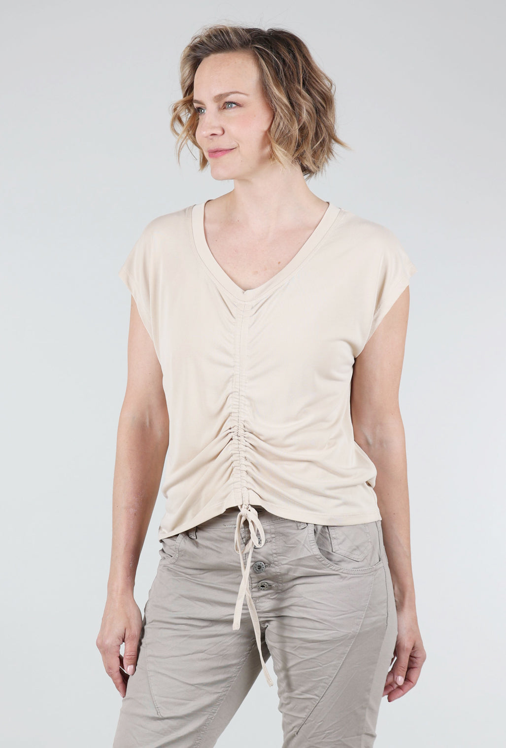 Mystree Front Ruched Modal Top, Sand 