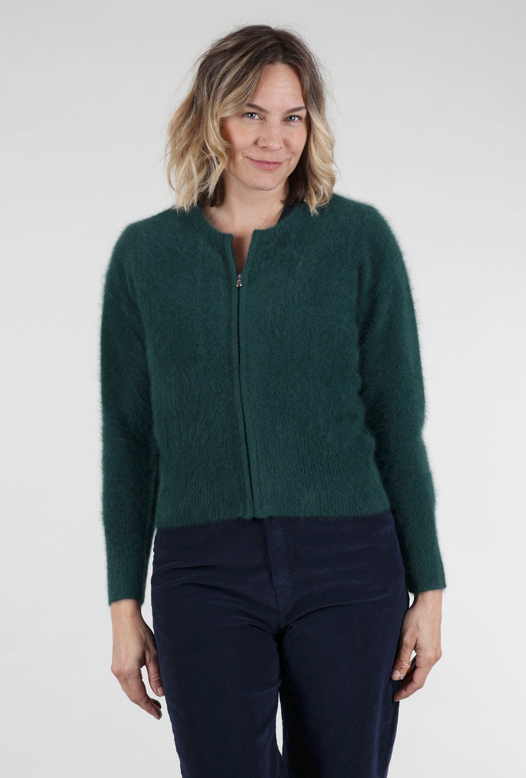 Estheme Cashmere Raccoon Fiber Zipped Cardie, Emerald 