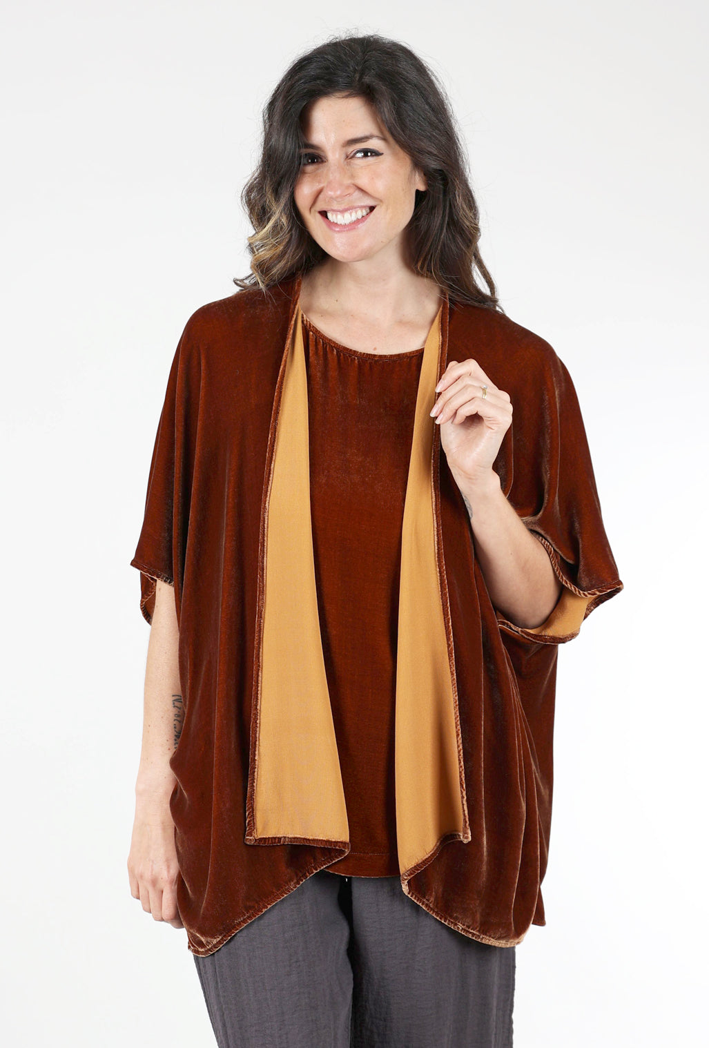 Cut Loose Velvet Shawl Cardie, Sandalwood One Size Sandalwood