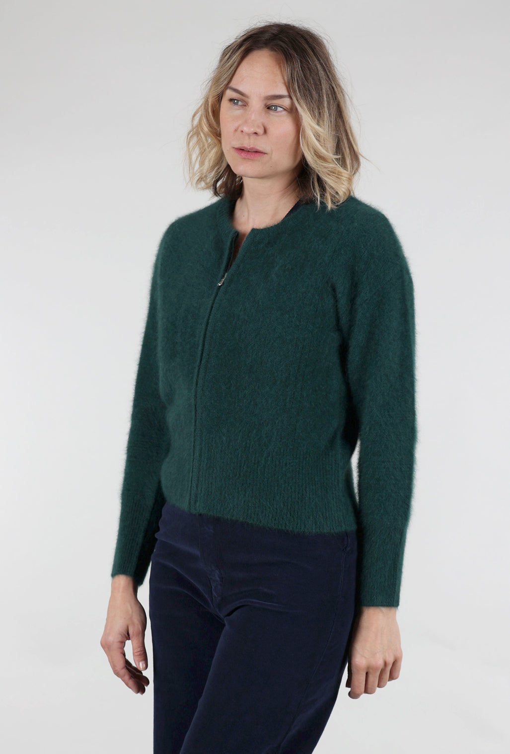 Estheme Cashmere Raccoon Fiber Zipped Cardie, Emerald 