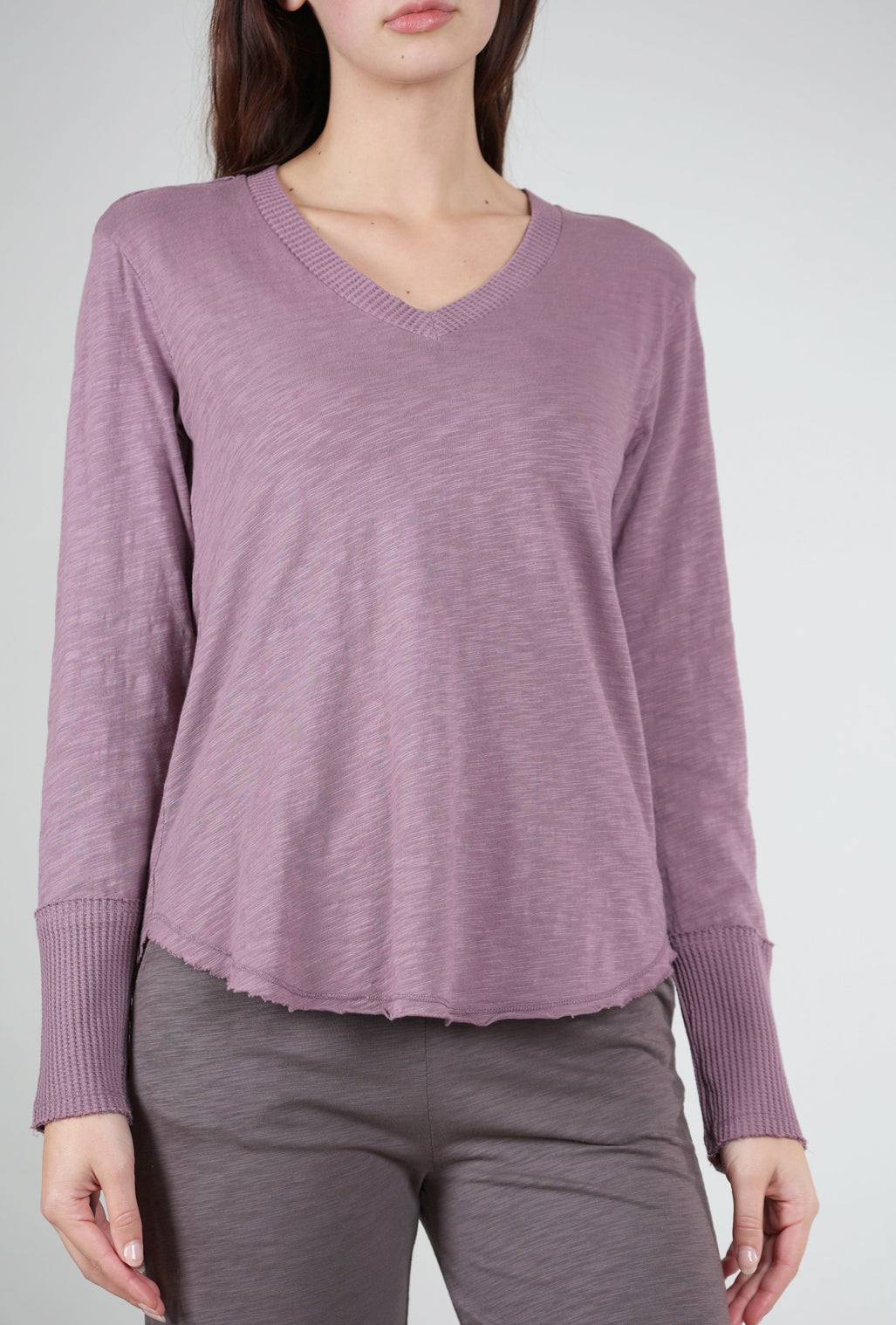 Mododoc L/S Waffle Mix Vee Tee, Dusty Plum 