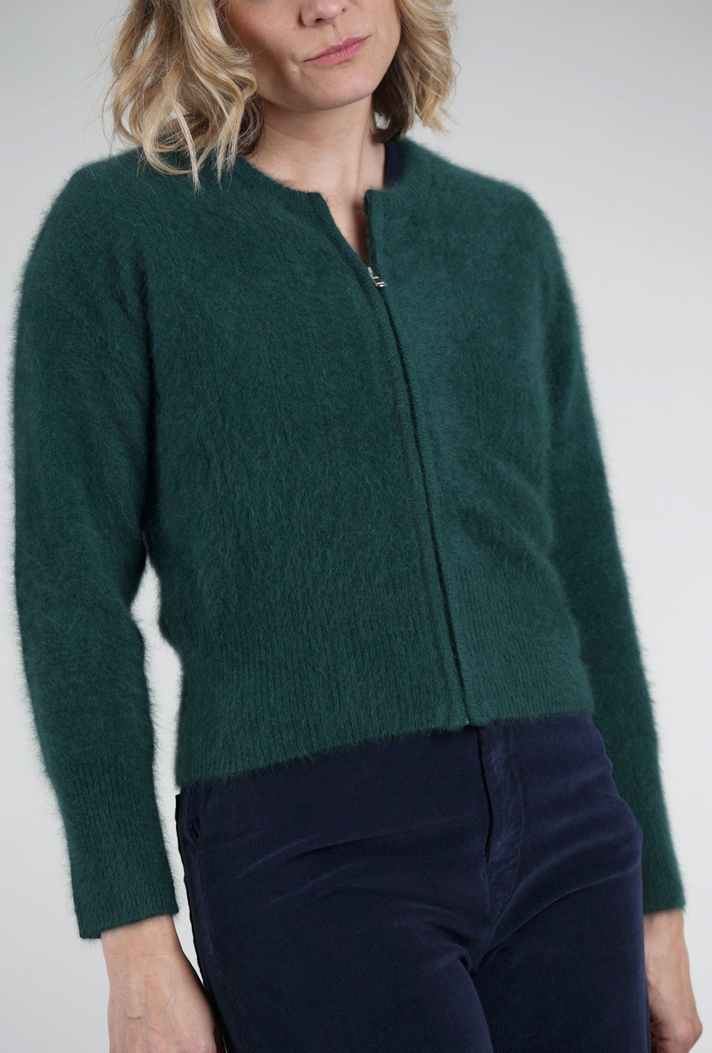 Estheme Cashmere Raccoon Fiber Zipped Cardie, Emerald 