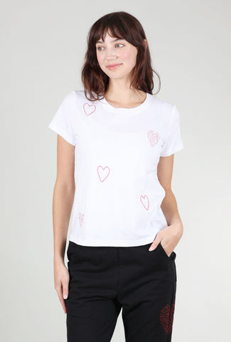 Cats With a Heart Hearts Embroidered S/S Tee, White 