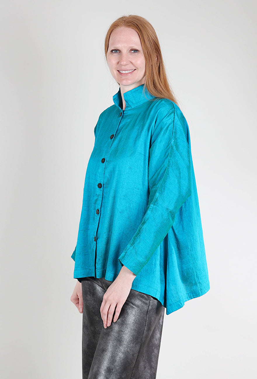 M Square Mandarin Silk Swing Shirt, Teal 