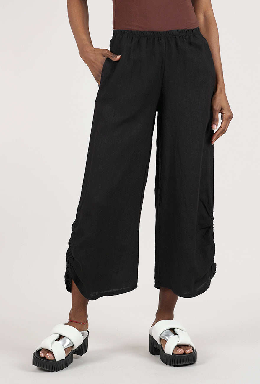 Cut Loose Ruched-Detail Linen Pant, Black 