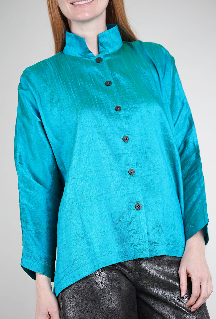 M Square Mandarin Silk Swing Shirt, Teal 