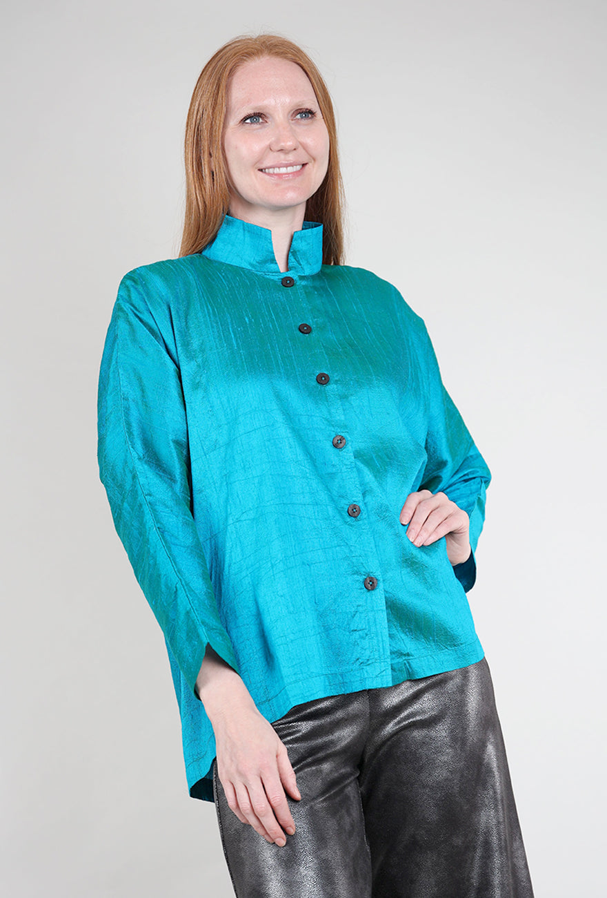 M Square Mandarin Silk Swing Shirt, Teal 