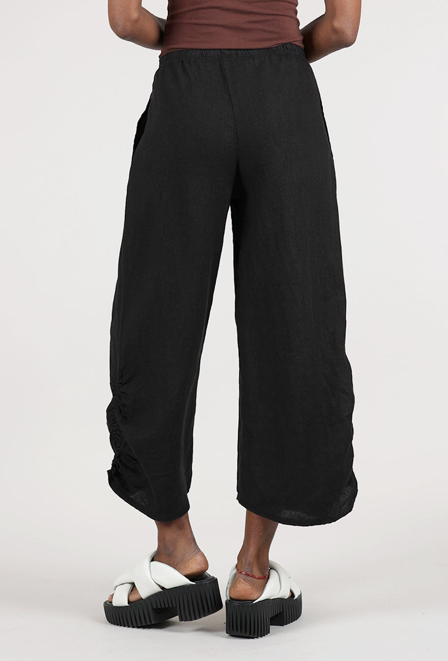 Cut Loose Ruched-Detail Linen Pant, Black 