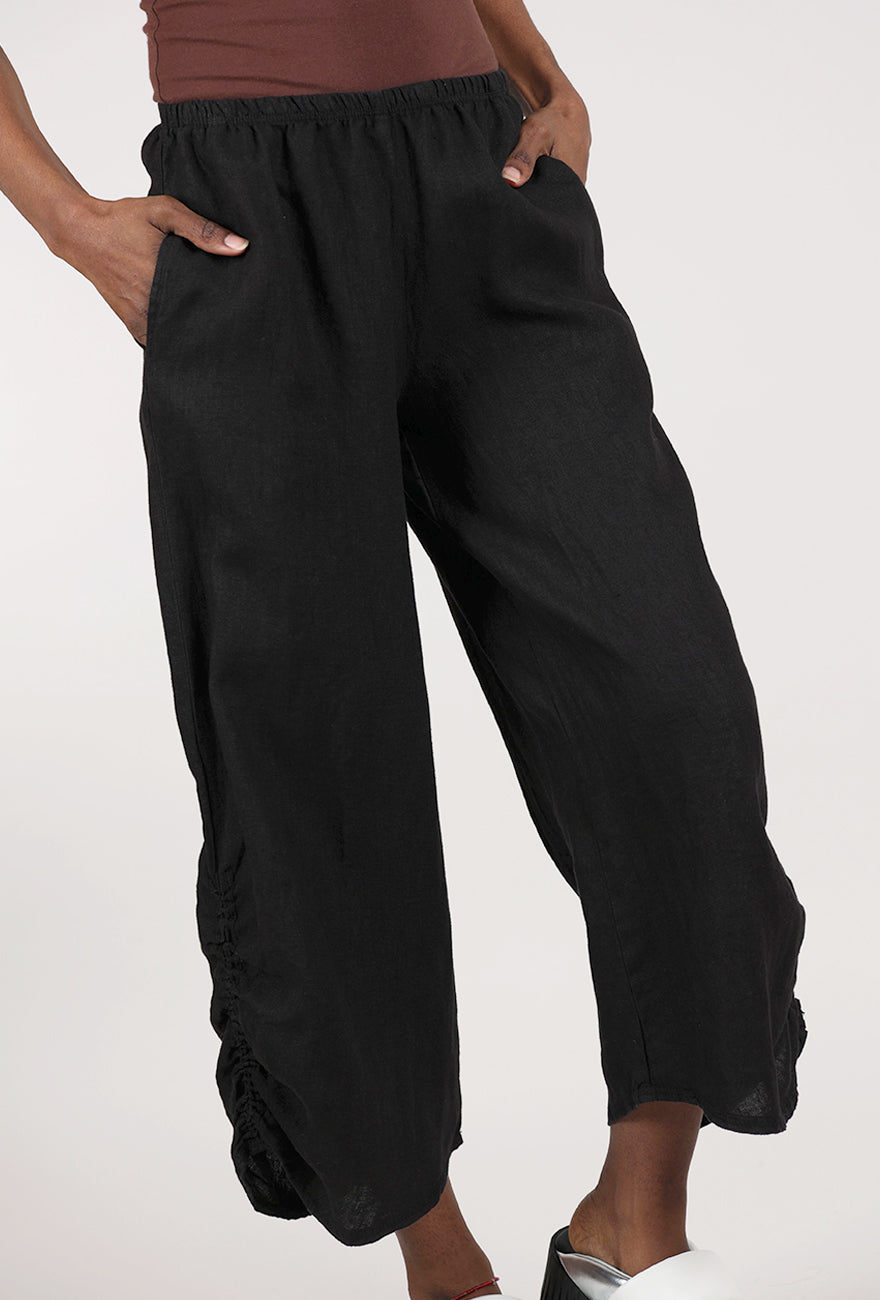 Cut Loose Ruched-Detail Linen Pant, Black 