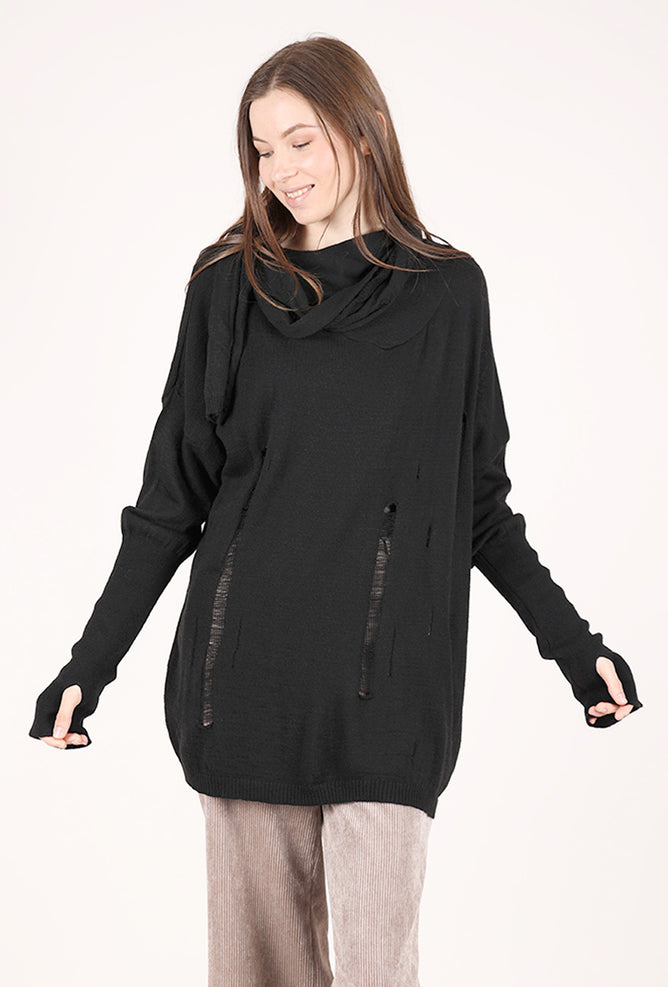 Sanctamuerte Scarf Attached Tattered Sweater, Black 