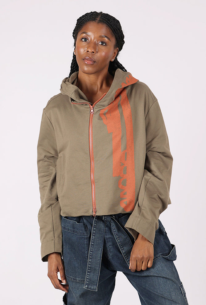 Moyuru Cropped Hooded Zip Jacket, Khaki/Orange 