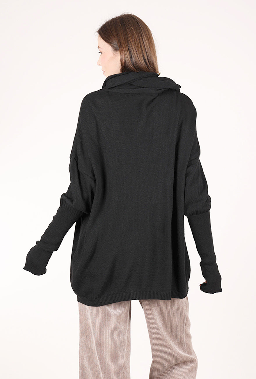 Sanctamuerte Scarf Attached Tattered Sweater, Black 