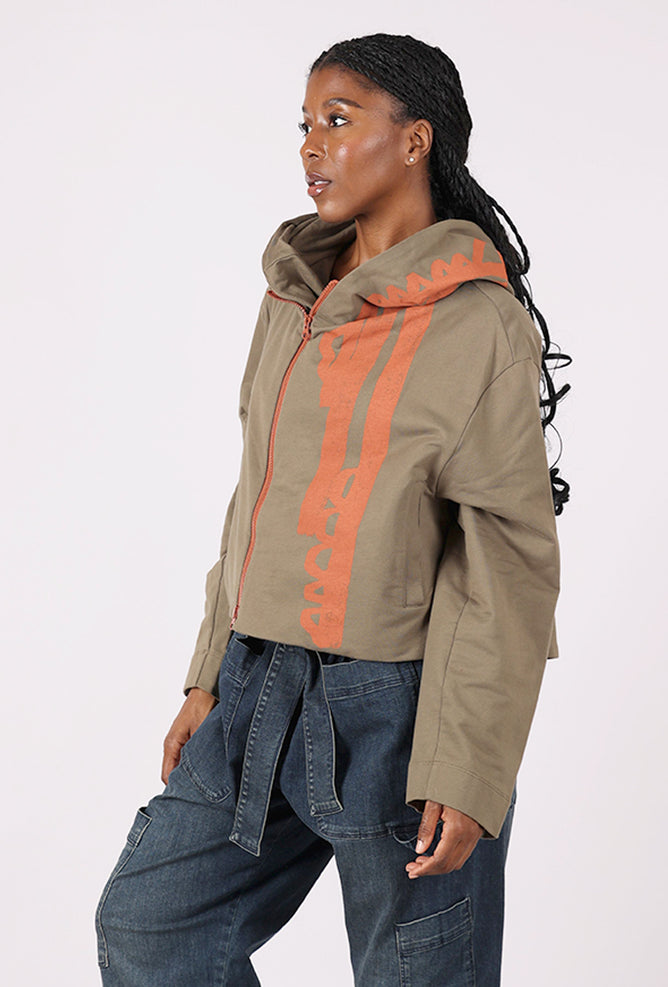 Moyuru Cropped Hooded Zip Jacket, Khaki/Orange 