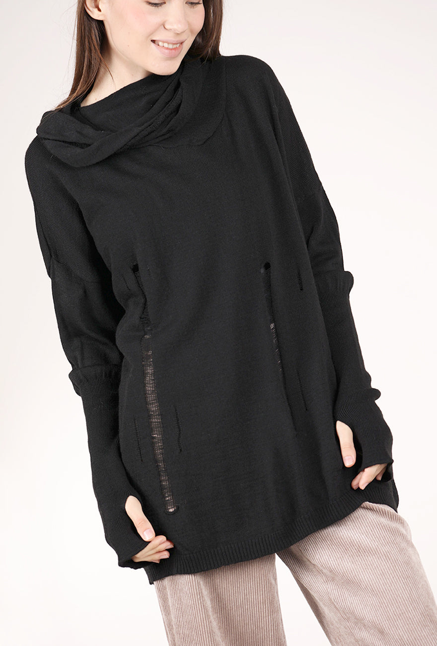 Sanctamuerte Scarf Attached Tattered Sweater, Black 