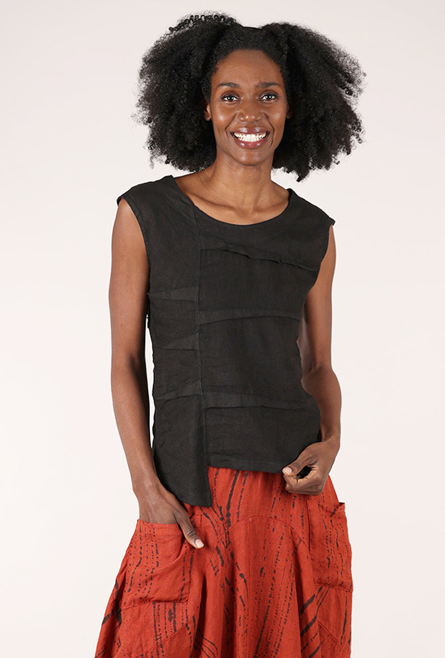 Ribbed Back Linen Top, Black