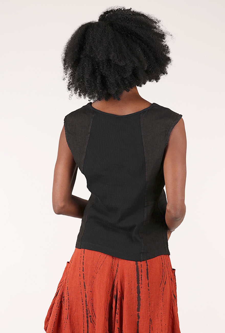 Ribbed Back Linen Top, Black
