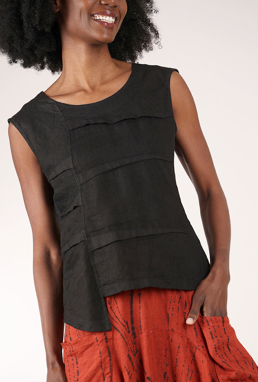 Ribbed Back Linen Top, Black