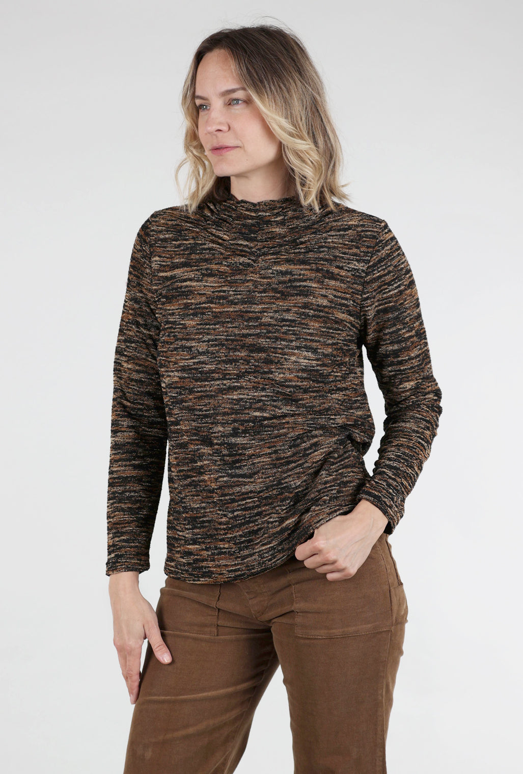 Trisha Tyler Tiger Eye Stitch Detail Mockneck, Brown/Black 