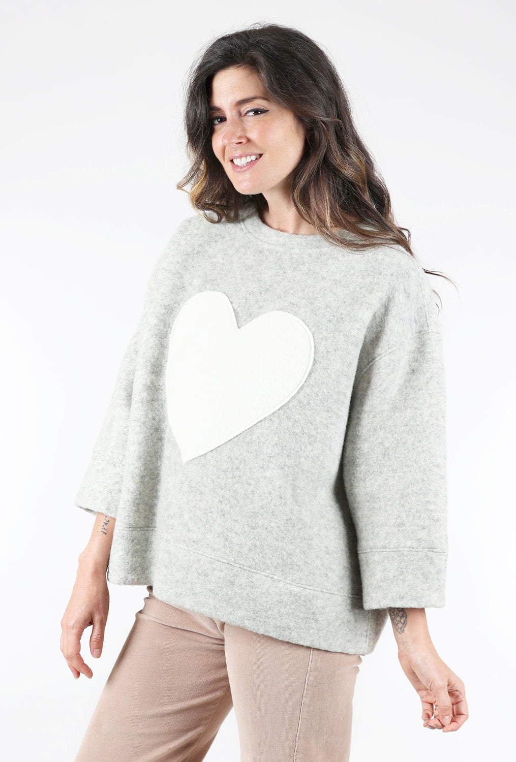 Go Lightly Boiled-Wool Heart Top, Gray/Ivory 