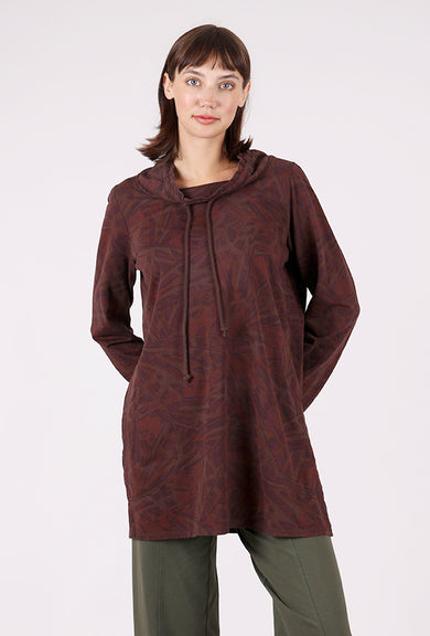 Color Me Cotton Drawstring Cowl Tunic, Chocolate Print 