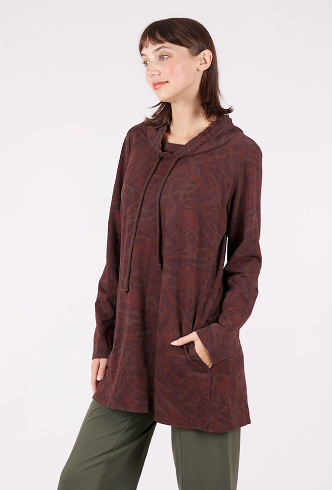 Color Me Cotton Drawstring Cowl Tunic, Chocolate Print 