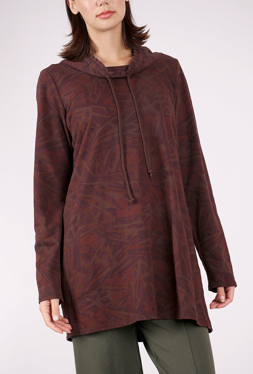Color Me Cotton Drawstring Cowl Tunic, Chocolate Print 