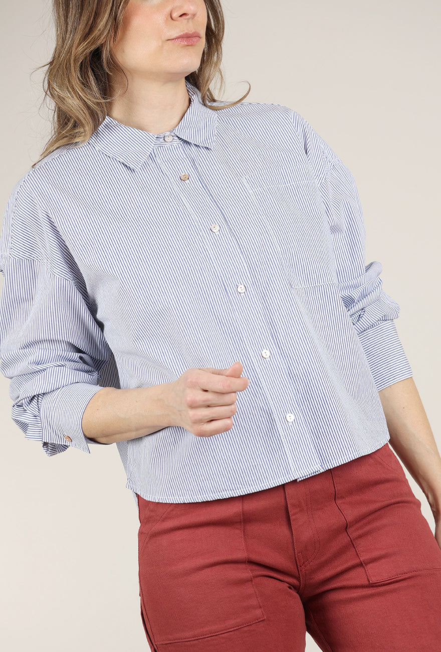 Mododoc Cropped Button-Up Shirt, Denim Stripe 
