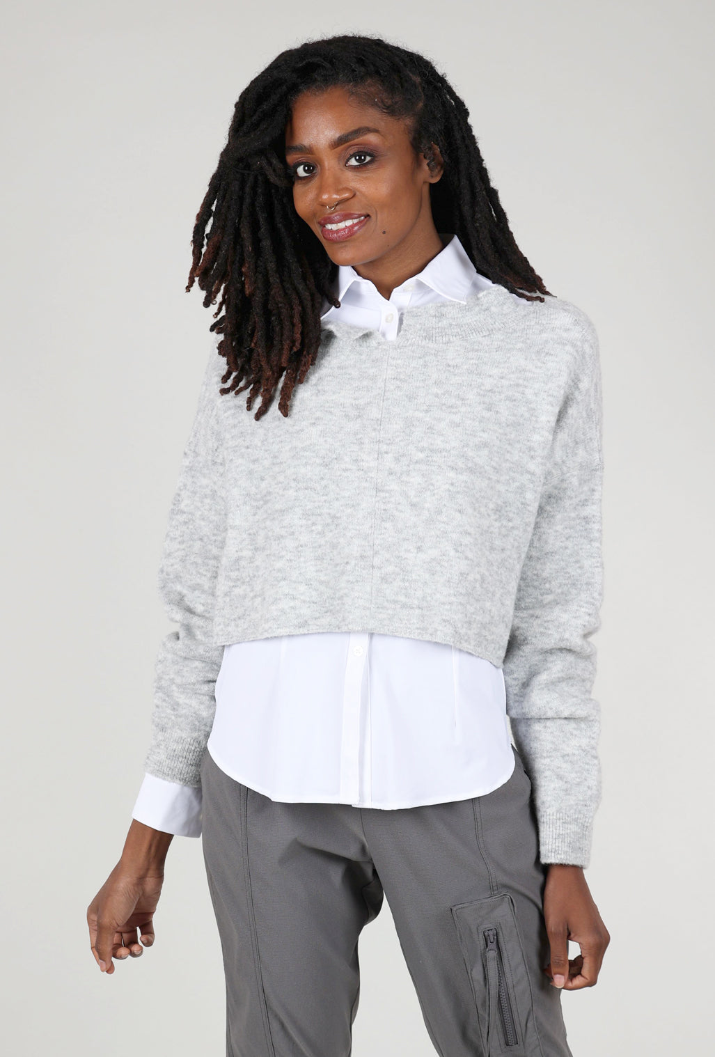 Knit Knit Notched Neck Crop Pullover, Melange Gray 