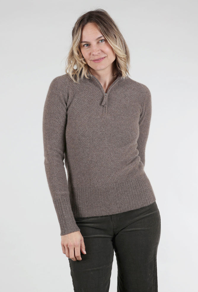 Pure Amici Quarter Zip Thermal Cashmere Sweater, Bark 