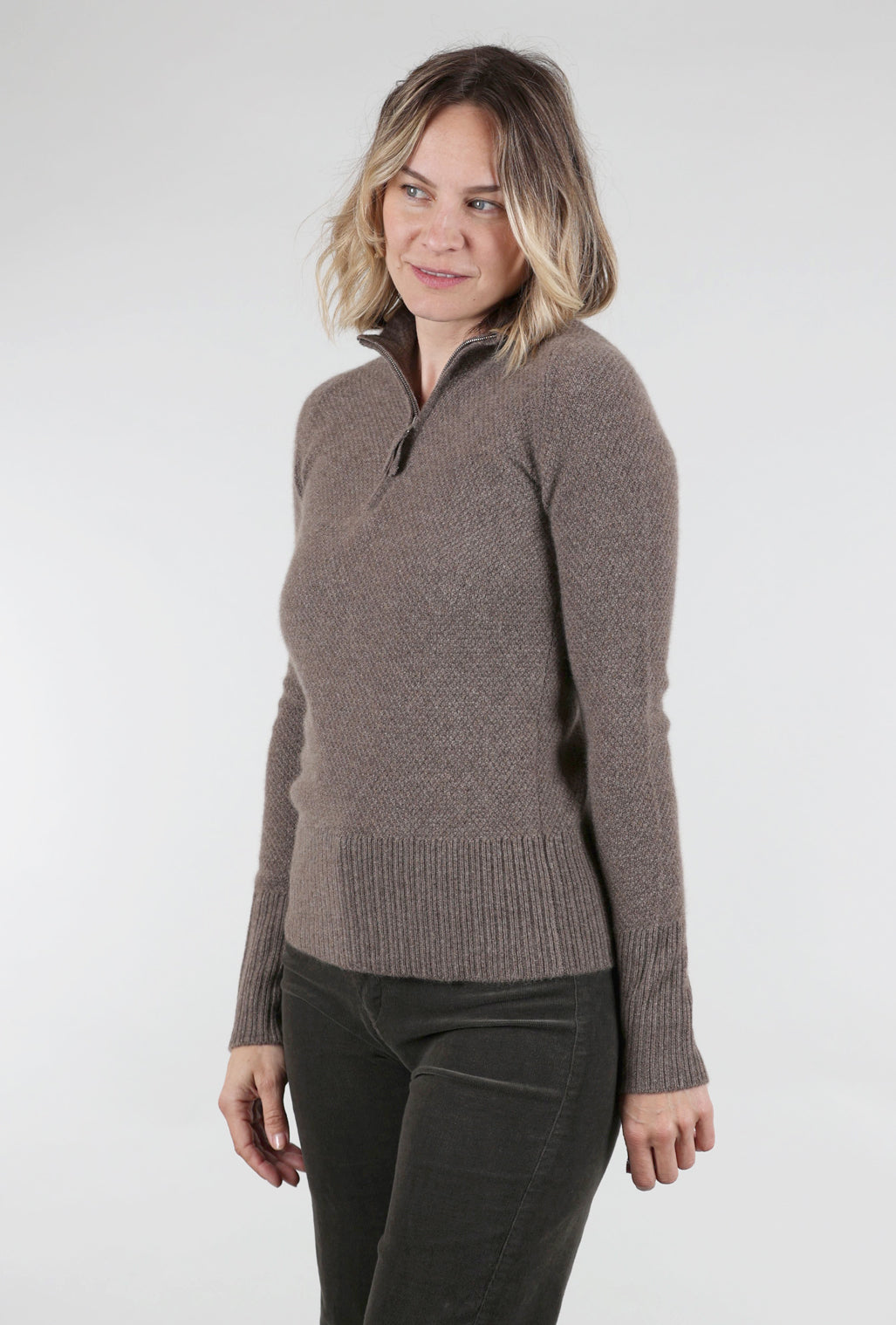 Pure Amici Quarter Zip Thermal Cashmere Sweater, Bark 