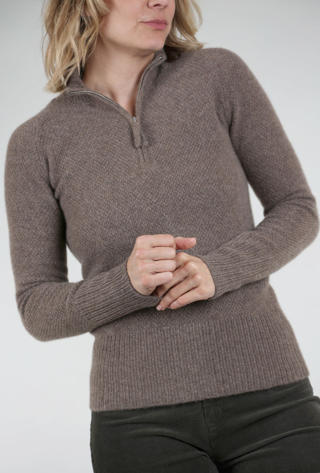 Pure Amici Quarter Zip Thermal Cashmere Sweater, Bark 