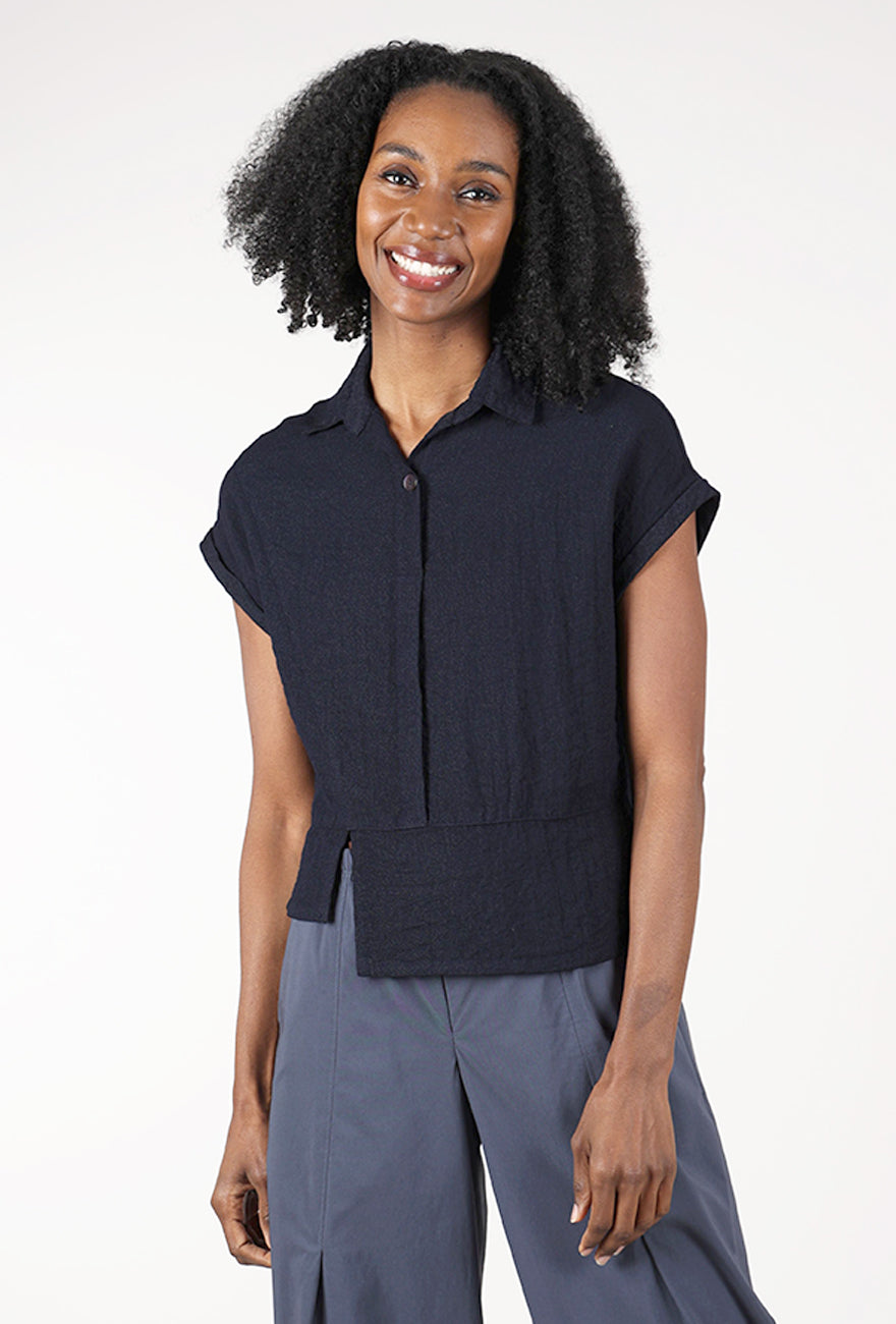 Eleven Stitch Travel Crinkle Half Placket Top, Indigo 